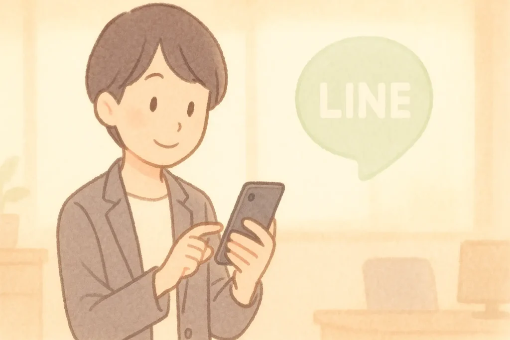 上司にお礼LINEを送る社会人がスマートフォンを手にして微笑んでいるイラスト
