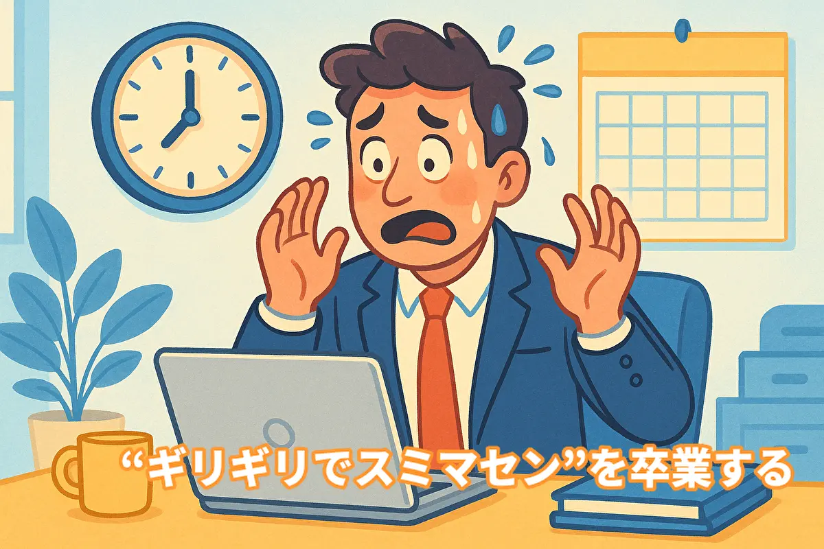 締め切り間近で焦るビジネスパーソンのイラスト。ギリギリの状況でも印象を損なわない言い換え表現を伝えるブログ記事のアイキャッチ