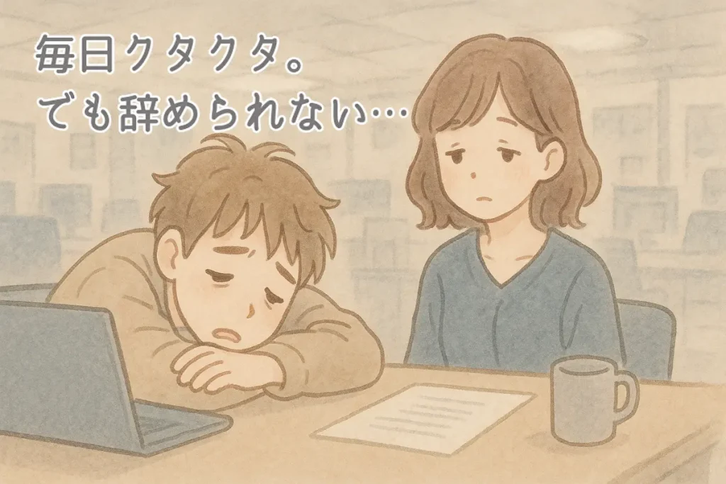 フルタイム勤務に疲れてうなだれる20代の若者を描いた、ゆるふわ系イラスト