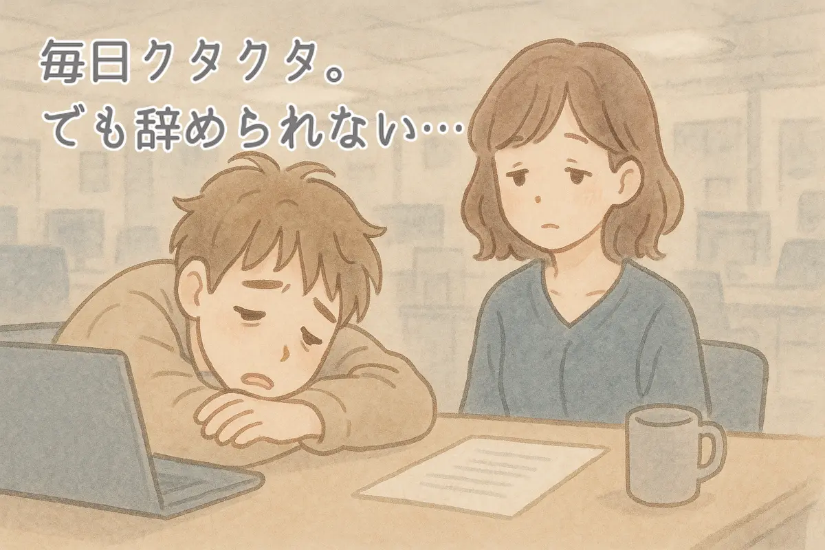 フルタイム勤務に疲れてうなだれる20代の若者を描いた、ゆるふわ系イラスト