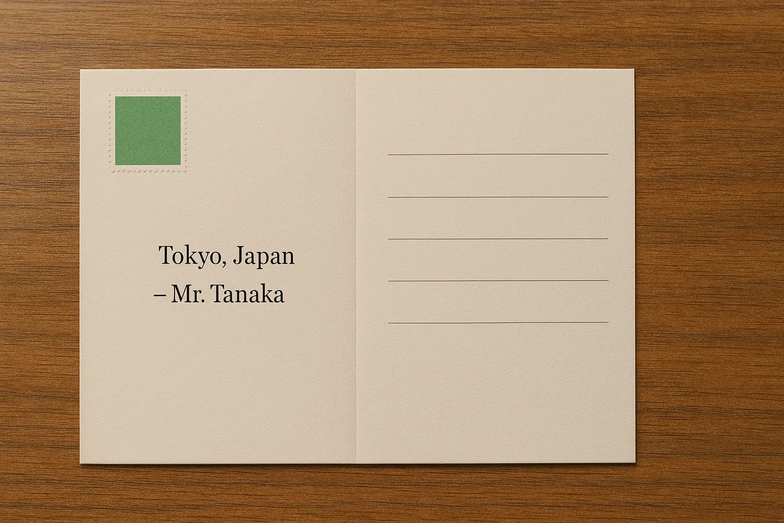 同窓会の返信はがきを書いている様子。返信用の往復はがきとペンが木のテーブルに置かれている。