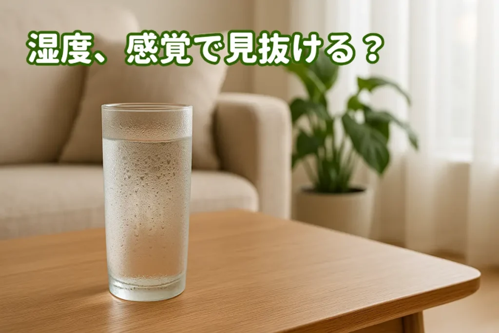 湿度計なしで湿度を確認する様子を表す、観葉植物と結露したグラスのある室内写真