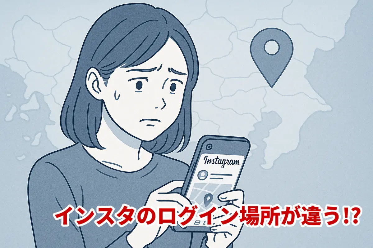 Instagramのログイン場所に不安を感じてスマホを見る女性のイラスト