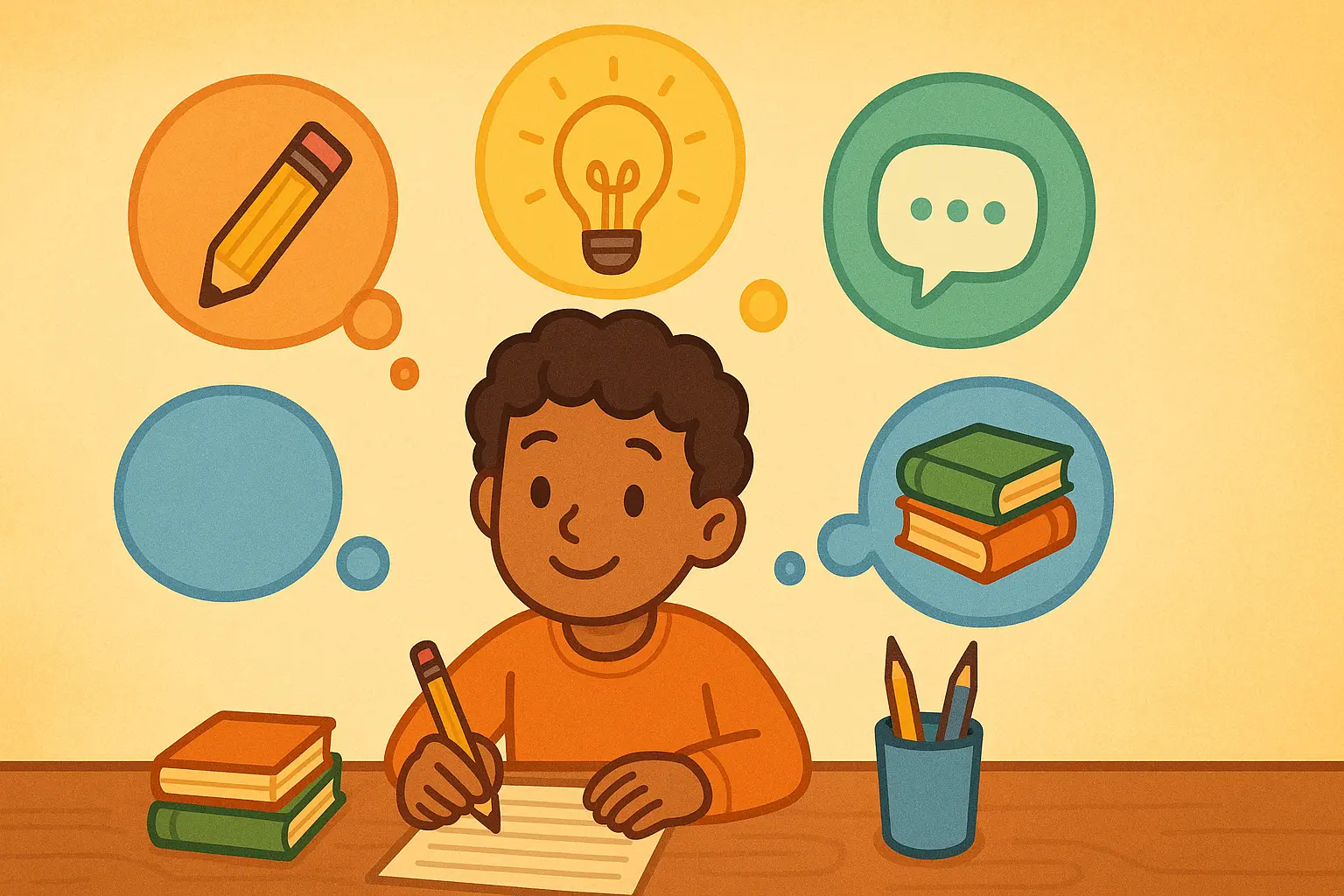 意見文を書く学生のイラスト
