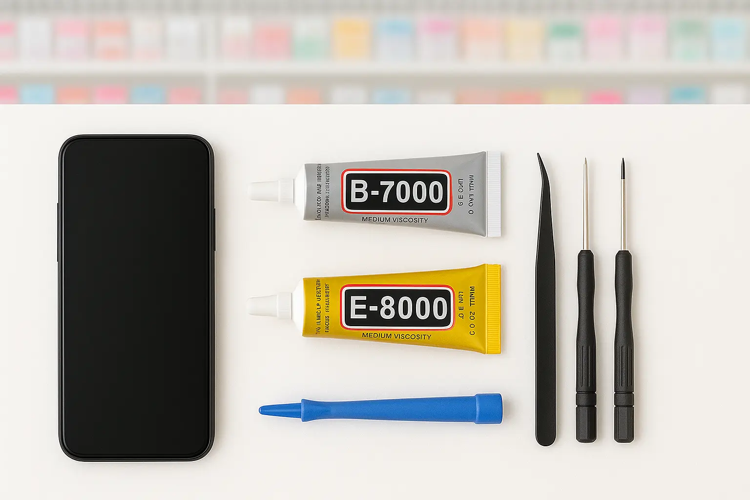 100均の接着剤とスマホ修理用の工具が並ぶ様子