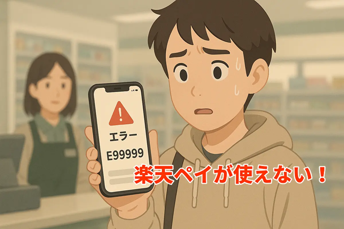 楽天ペイのE99999エラーに戸惑う利用者がコンビニのレジ前でスマホを見つめているイラスト