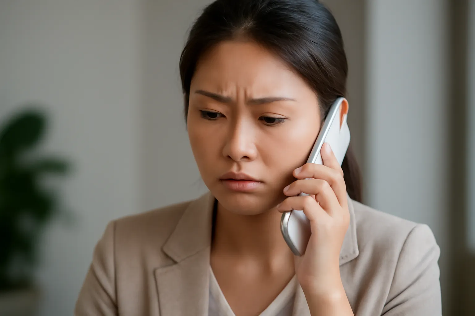 「通話中のため応答できません」のメッセージを聞く女性