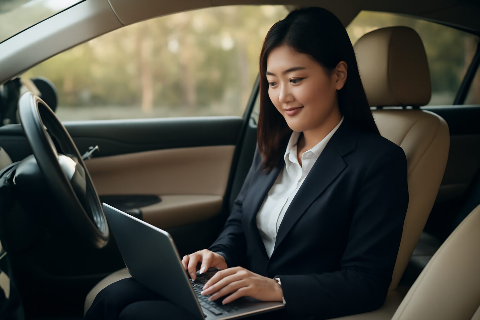 車内でパソコンを広げる女性