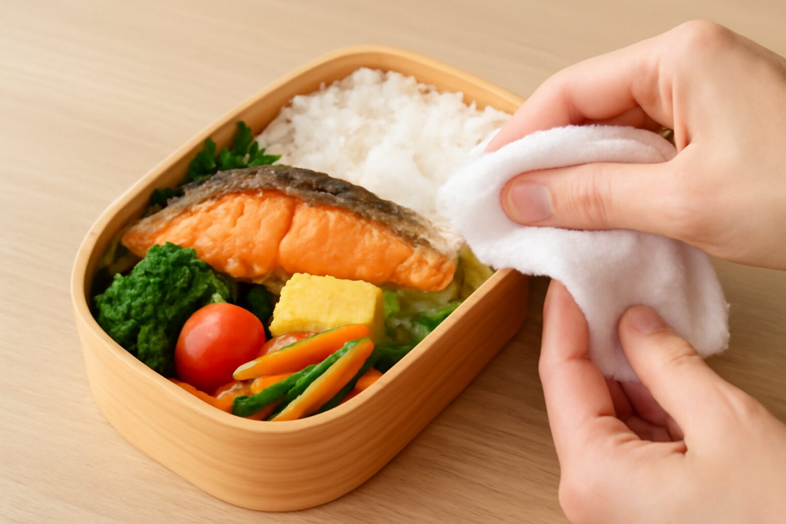 お弁当についた水滴を拭き取る